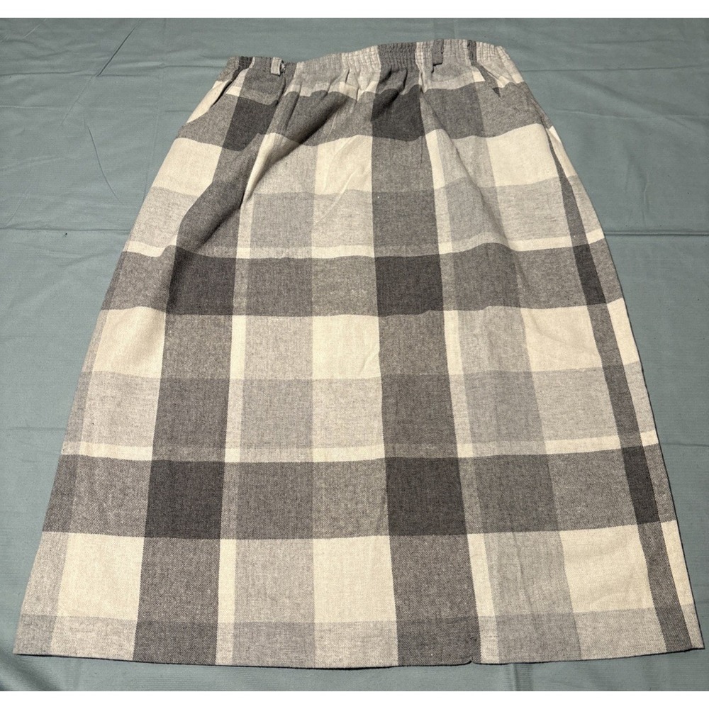 Willow Ridge Vintage Plaid Midi Skirt Gray Cream Wool Blend Elastic Waist 17-18